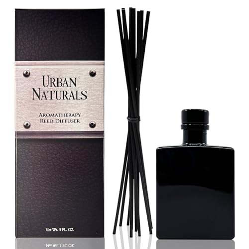 Reed Diffuser Set, Oud & Citrus - Bathroom Shelf Décor | Made with Essential Oils, Cedar, Amber & Wood Notes, 5 ounce Sleek Black Rectangular Refillable Glass Bottle - color: Oud & Citrus