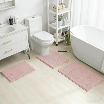 HOMEIDEAS 3 Pieces Bathroom Rugs, Extra Large Ultra Soft Non Slip Absorbent Chenille Toilet Bath Mat Set (Dusty Pink) - color: Dusty Pink, size: 17"x24"+20"x32"+U Shape 20"x24"