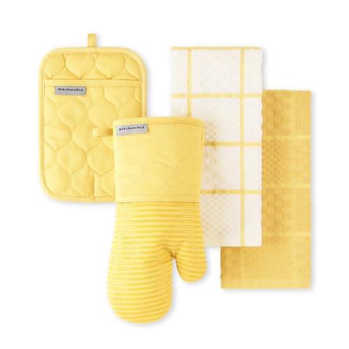 KITCHENAID Quilted Cotton Terry Cloth Oven Mitt, Pot Holder, Kitchen Towel 4-Pack Set, Heat Resistant, Silicone Grip, 16"x26", 7"x13" & 7"x10", Butter Yellow - color: Butter Yellow