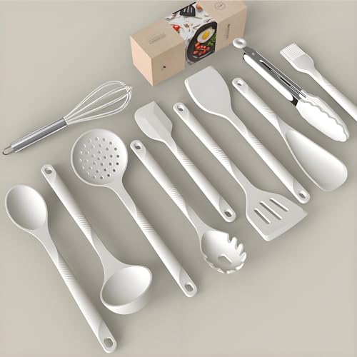 Silicone Cooking Utensils Set - 600°F Heat Resistant, Nonstick Kitchen Utensil Set with Spatulas, Spoons, Whisk, Tongs, BPA Free, Dishwasher Safe, Cream White - color: Cream White
