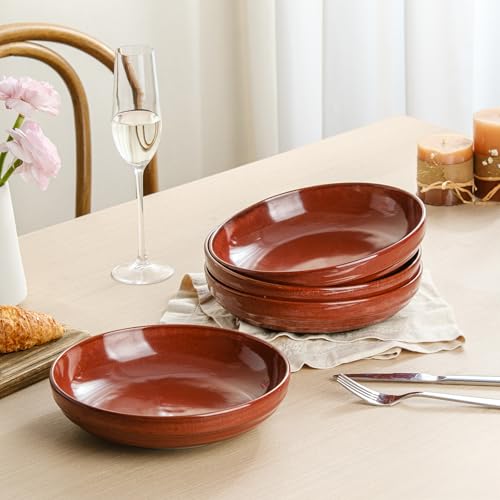 HAPPY KIT 9'' Pasta Bowls, 42oz, Stoneware Set of 4, DarkRuby - color: DarkRuby