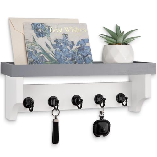 Key and Mail Holder Wall Mount, Key Holder with Shelf and Mail Organizer Wall Mount. Mail Holder with 5 Hooks for Coat, Dog Leash, Home Decor Rack, Entry Way Organizer (Gray & White) - color: Gray & White