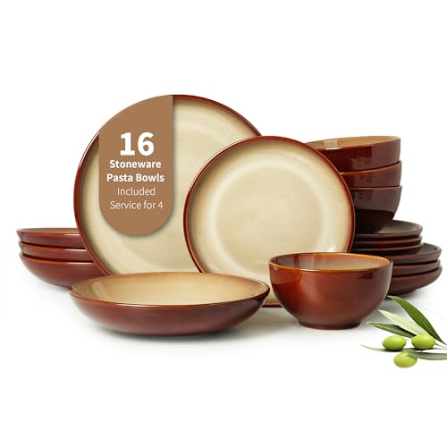 16 Piece Double Bowl Plates and Bowls Sets, Ceramic Dinnerware Sets with Pasta Bowls, Dishwasher & Microwave Safe Dish Set, Scratch Resistant Stoneware Plate Set, Service for 4 Brown Yellow - color: Brown Yellow, size: 16pcs (for 4)