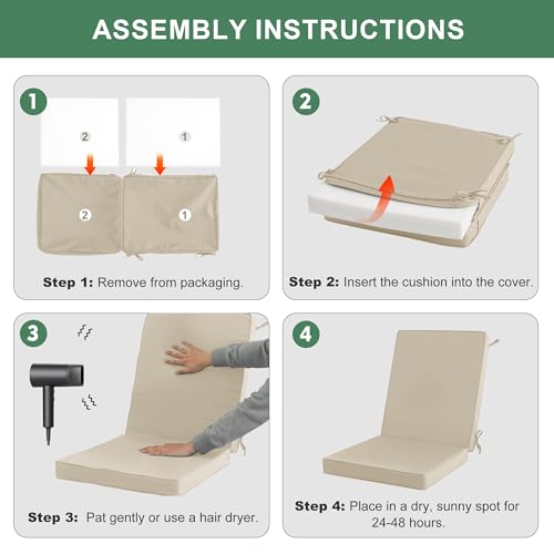 Summsun Outdoor Dining Chair Cushions 4-Pack, 20 x 20 Inch, Cream | High Back, High-Resilience Foam, Non-Slip Bottom, Water Resistant, Removable Cover, Tie Straps, Fit for Adirondack, Rocker - color: Cream