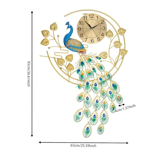 Large Peahen Wall Clock for Living Room Decor, Mid Century Decorative Big Peacock Wall Clocks Non-Ticking Silent 3D Creative Luxury Peacock Clock for Dining Room Bedroom