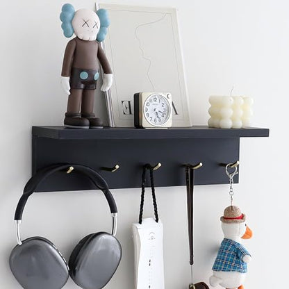 Marine Plywood Wall Mounted Coat Rack with Shelf & Key Hooks, 5 Brass Hooks Entryway Organizer, Modern Floating Shelf for Bedroom Hallway, Space-Saving Home Storage Rack (1, Black) - color: Black