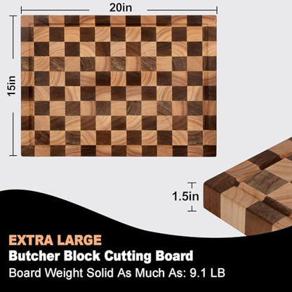 Acacia Wood Cutting Board, 20x15x1.5 Inch, Butcher Block for Kitchen, Premium Acacia Cutting Board with Juice Groove, End Grain Construction from Sustainable Acacia Wood - size: 20"L x 1.5"W
