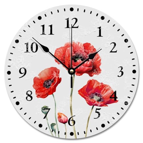 Ancient Wooden Wall Clock Red Flower Plants Red Blossom 12 Inch Wall Clocks Battery Operated Wall Clock Silent Modern Decor for Office School Bathroom - color: Style-12, size: 12x12 in