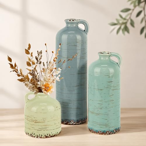 Ceramic Vases Set of 3, Rustic Farmhouse Flower Vases Home Decor | Morandi Neutral Modern Vintage Small Flower Vases with Handles for Table Bookshelf Mantel Kitchen Living Room Bedroom - color: Morandi