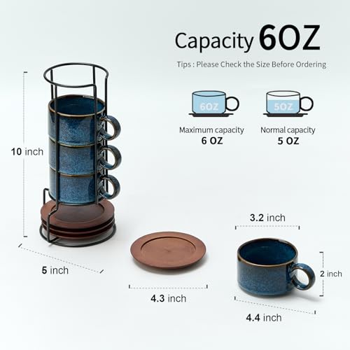 LUKA 6 Ounce Porcelain Stackable Espresso Cups with Saucers and Metal Stand Set of 4, Ceramic Cappuccino Cups Set for Specialty Coffee Drinks, Latte, Cafe Mocha and Tea, Reactive Blue - color: Reactive Blue