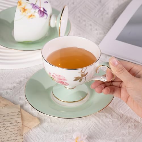 KAMMAK Tea Cups Set of 2,Ceramic Floral Pattern Demitasse Cup | Porcelain Espresso Cup with Saucer, 7.44 oz Handmade Elegant Bone China Tea Cups for Latte, Americano, Cappuccino - color: Begonia + Passionflower