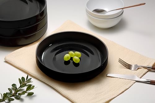 KooK Pasta Bowl, Bowl Plate, Low Bowl, Plate Bowls, Ceramic Large Shallow Bowls, Microwave and Dishwasher Safe, Great for Soups and Salads, Glossy Porcelain, 47 oz, Set of 4, Black - color: Black
