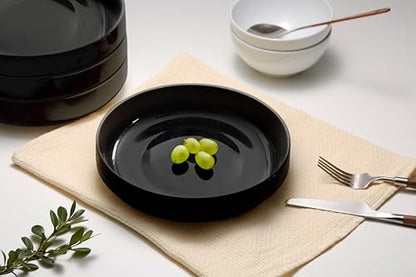 KooK Pasta Bowl, Bowl Plate, Low Bowl, Plate Bowls, Ceramic Large Shallow Bowls, Microwave and Dishwasher Safe, Great for Soups and Salads, Glossy Porcelain, 47 oz, Set of 4, Black - color: Black