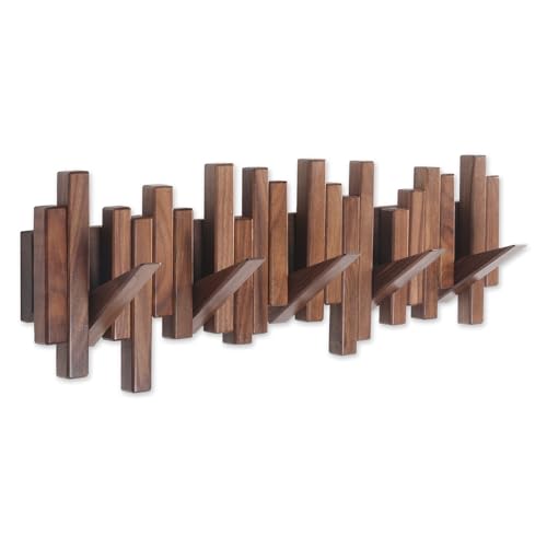Coat Rack Wall Mount Piano Flip Down Wall Hook Rack 5 Hooks Walnut | Natural Wood Handmade Unique Hanger for Coats Bag Hat Umbrella key Wall Art In the foyer living room bedroom bathroom office - color: Walnut