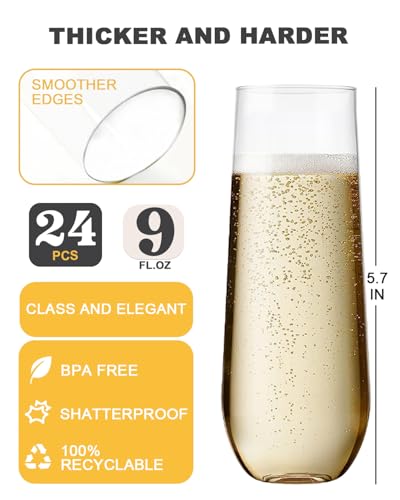 24 Pack Plastic Champagne Flutes, 9 Oz Disposable Wine Mimosa Glasses | Clear Stemless Champagne Flutes Cocktail Glasses, Plastic Cups for Bridal Shower Bachelorette Party Mimosa Bar - color: Clear-24 Pack