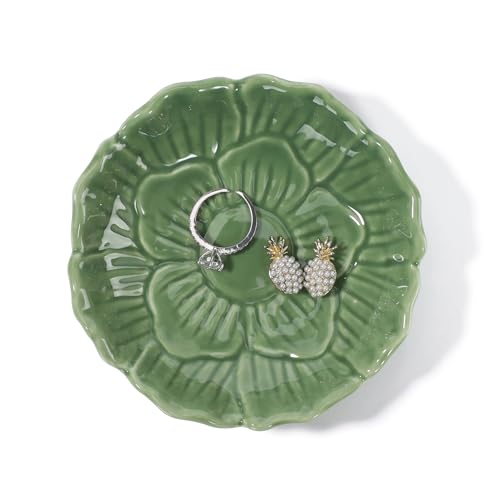 Flower Ring Dish Holder,Jewelry Dish Tray,Small Trinket Tray,Jewelry Plate Bowl,Key Bowl,Decorative Plate,Birthday Gifts for Women Mom Friends,Ceramic Green - color: Greenn