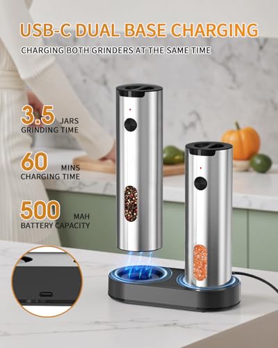 CIRCLE JOY Electric Salt and Pepper Grinder Set, Stainless Steel Rechargeable Pepper Mill Set with Charging Base, 110ML Top-Fill, Adjustable Coarseness, LED Light, One-Hand Operation, Gift Idea - color: Silver