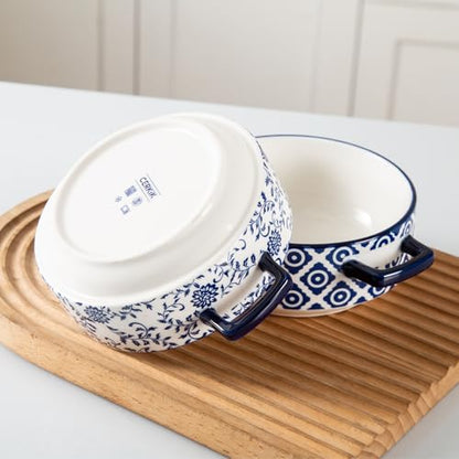 Soup Bowls with Handles - 24oz Ceramic French Onion Soup Crocks Serving Bowls for Pasta Cereal Beef Stew Pot Pies Casserole - Oven Microwave Dishwasher Safe - Set of 4, Blue | French Onion Soup Crocks Serving Bowls for Pasta Beef Stew Pot Pies Casserole -