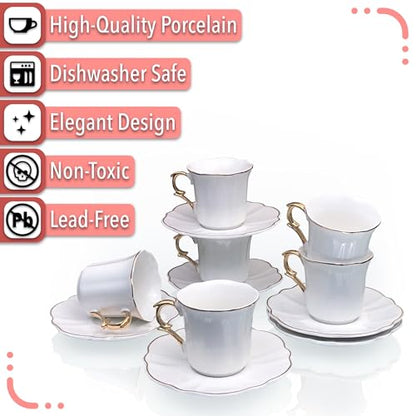 BTaT- Porcelain Espresso Cups Set, 3 oz, 6 Set, Small Coffee Mugs | Elegant White Cups Saucers Gold Trim Espresso Set Greek Arabic Turkish Coffee Gift Use - color: White, size: Set of 6
