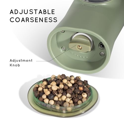 Flendy Gravity Electric Salt and Pepper Grinder Set with Charging Base | USB-C Charging Base, Gravity-Activated, Automatic, Rechargeable, Dust Cover, Large Capacity, Slim, Kitchen Housewarming Gift - color: Sage
