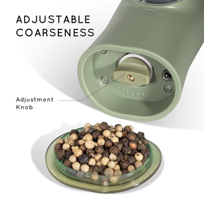 Flendy Gravity Electric Salt and Pepper Grinder Set with Charging Base | USB-C Charging Base, Gravity-Activated, Automatic, Rechargeable, Dust Cover, Large Capacity, Slim, Kitchen Housewarming Gift - color: Sage