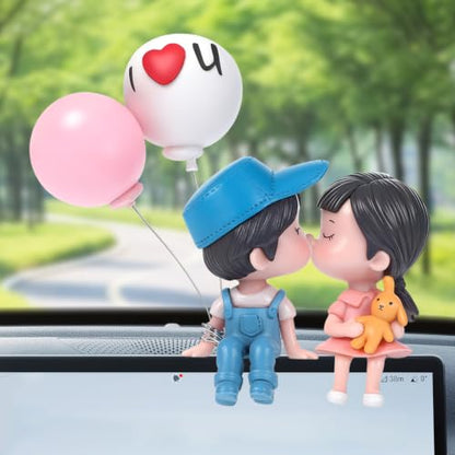 Lovely Couple Kiss Car Dashboard Decorations, Cute Cartoon Couple Figurine with Balloon, Resin Car Ornament Interior Accessories for New Car Gift Boys Girls