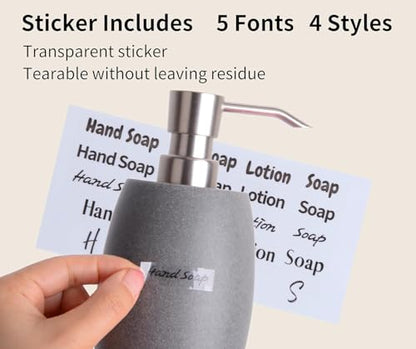 Clasin Home Sandstone Textured Resin Soap Dispenser with Metallic Pump and Waterproof Bottle Labels for Bathroom Kitchen Dish Hand Wash Shower Lotion Shampoo, 12 Oz, 2 Sets Gray - color: Dark Gray_2 Pcs