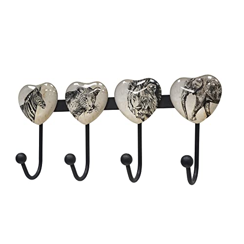 Coat Rack Wall Mounted with 4 Hook, Heart Glass Finishes Animal Pattern Elephant Lion Zebra Leopard Decorative Wall Hooks for Entryway Hanging Hat, Key, Towel, Purse and Bag - Metal - color: Animal