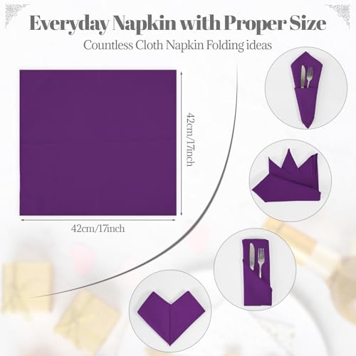 PLOYMONO Eggplant Cloth Napkins - 8 Pack 17" x 17" Polyester Dinner Napkins | Heavy Duty 180 GSM Cloth Napkins with Hemmed Edges - Great for Restaurants, Weddings, Parties, Banquets Dinner - color: Eggplant