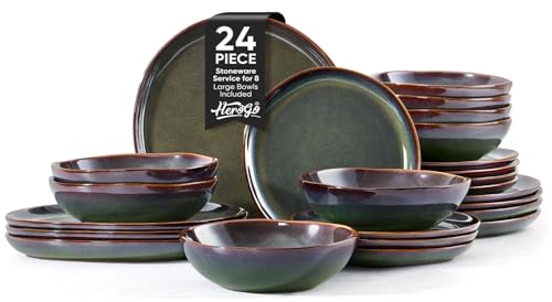 Herogo Stoneware Dinnerware Sets for 8, 24 Piece Plates and Bowls Dish Set, Irregular Handmade Dinner Ware Dishware for Kitchen Dinning, Microwave & Dishwasher Safe, Lichen Green - color: Lichen Green, size: 8 Set (24pcs)