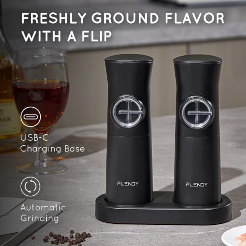 Flendy Gravity Electric Salt and Pepper Grinder Set with Charging Base | USB-C Charging Base, Gravity-Activated, Automatic, Rechargeable, Dust Cover, Large Capacity, Slim, Kitchen Housewarming Gift - color: Black