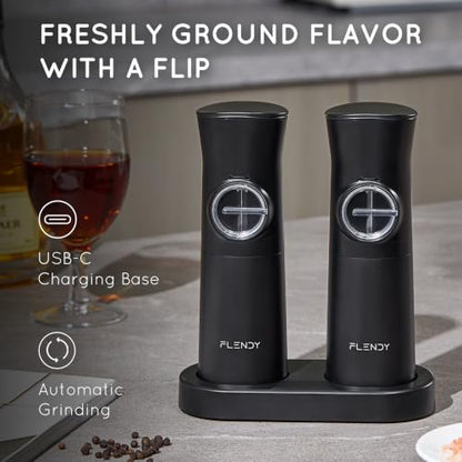 Flendy Gravity Electric Salt and Pepper Grinder Set with Charging Base | USB-C Charging Base, Gravity-Activated, Automatic, Rechargeable, Dust Cover, Large Capacity, Slim, Kitchen Housewarming Gift - color: Black