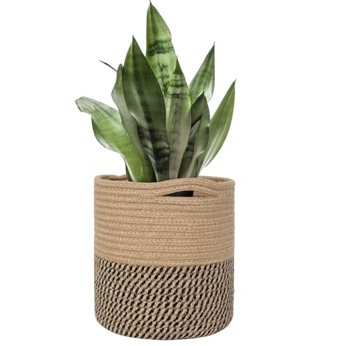 Woven Jute Plant Basket, Wicker Basket Planter up to 7" Pot, Round Indoor Tree Pot Cover, Small Boho Planter, Decorative Bins for Plants and Home Decor, 8”x8”x8, Black Stripes - color: Jute and Black Stripes, size: 8"x8"