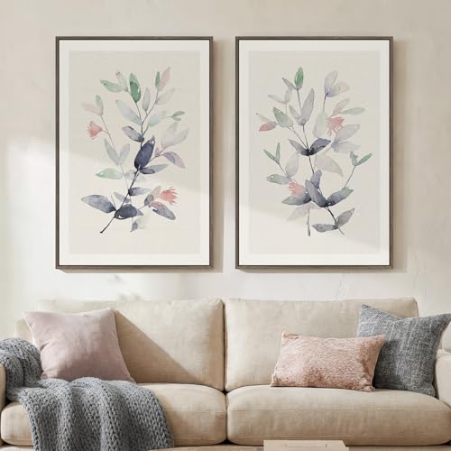 Large Framed Botanical Wall Art Set of 2, Modern Minimalist Floral Canvas Wall Art Neutral Watercolor Prints, Contemporary Pastel Neutral Leaf Wall Decor for Living Room Bedroom Hallway, 24x36 Inch - color: Multi & Neutral, size: 24" W x 36" H x 2Pcs