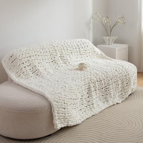 Chunky Knit Blanket Throw for Couch 50"×60" Cream | 100% Handmade Knitted Throw Blanket Fluffy Soft Blanket with Jumbo Chenille Yarn Thick - color: Cream, size: 50"*60"