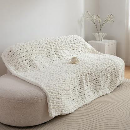 Chunky Knit Blanket Throw for Couch 50"×60" Cream | 100% Handmade Knitted Throw Blanket Fluffy Soft Blanket with Jumbo Chenille Yarn Thick - color: Cream, size: 50"*60"