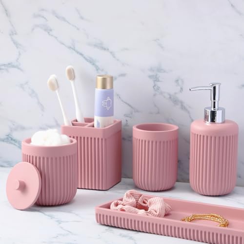XLHOMO Resin Pink Bathroom Accessories Set 5 Pcs, Lotion Soap Dispenser, Toothbrush Holder, Bathroom Tumbler, Qtip Holder and Vanity Tray, Bathroom Countertop Organizer Set for Modern Home Apartment - color: Pink, size: Resin Bath Set