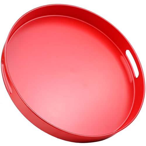 Round Red Decorative Serving Tray with Handles, 13” Versatile Ottoman Tray for Coffee Table, Entertaining, Outdoor Patio, Living Room - color: Red, size: 13"