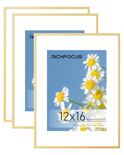 RICHFOCUS 12x16 Frame Set of 3|12x16 Picture Frame with Mat for 8.5x11|12 x 16 Metal Aluminum Photo Frames for Wall Modern Decor|Hanging Hardwares Included, Gold - color: Gold, size: 12x16-3P-Plexiglass