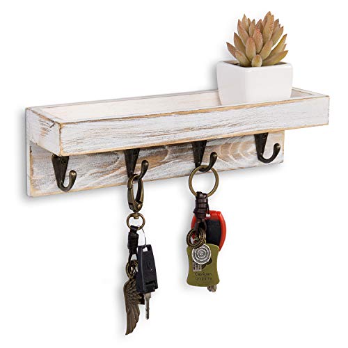 MyGift 10 Inch Whitewashed Wood Entryway Wall Shelf with 4 Key Hooks | Compact ledge provides space for small décor and everyday essentials, while four hooks keep keys and accessories easy to grab - color: Whitewashed