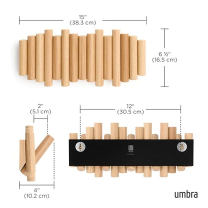 Umbra Picket Coat Rack, Wall Mount 5 Flip-Down Coat Hooks, Natural | Beveled pine wood dowels, supports up to 5 lbs, mounting hardware included, space saving - color: Natural, size: 5-Hook