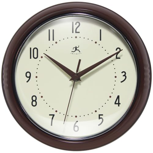 Infinity Instruments Retro Round Metal Wall Clock, Mahogany, 9.5" - color: Mahogany, size: 9.5 Inch