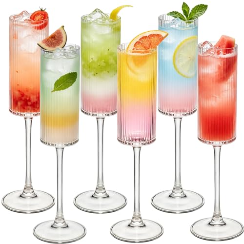Champagne Flutes Set of 6,Vintage Ribbed Crystal Hand Blown 6 OZ Goblet Champagne Glasses Long Stem,Elegant Sparkling Wine Stemware Drinking Cocktail Unique Gift for Birthday, Wedding, Anniversary - color: Clear, size: 6 PCS