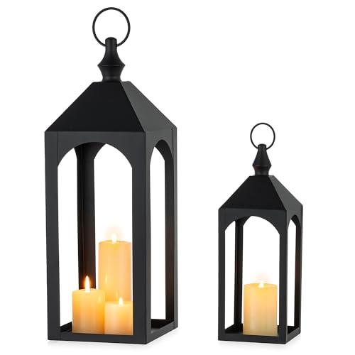 17" & 11" Black Metal Outdoor Floor Lantern, Front Porch Decor | Set of 2 Lanterns Decorative Indoor with Rust-proof Coating, for Patio, Fireplace Mantel, Garden, Shelf, Table Decoration - size: Small Set