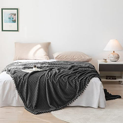 DISSA Fleece Blanket Throw Size – 51x63, Dark Grey – Soft, Plush, Fluffy, Fuzzy, Warm, Cozy – Perfect Throw for Couch, Bed, Sofa - with Pompom Fringe - Flannel Blanket Throw Blanket - color: Dark Grey, size: 51x63"