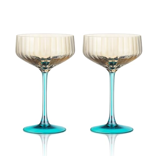 Joeyan Colored Ribbed Coupe Glasses Set of 2, 13.5oz Gray Martini Glasses with Turquoise Stem, Vintage Cocktail Glass, Hand Blown Glassware for Espresso Martini, Margarita, Champagne, Home Bar& Gift - color: Gray coupe glass