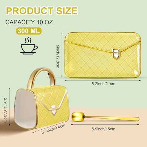 Zubebe 1 Set Coffee Mug Elegant Handbag Shaped Cup Modern Ceramic Purse Mug with Spoon and Saucer, 10oz Cute Creative Tea Cup for Woman Girls Gift (Light Yellow) - color: Light Yellow