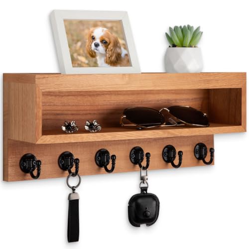 Key and Mail Holder Wall Mount with Long Storage Box and 6 Hooks | Key Holder For Coat, Dog Leash, Home Decor Rack, Entry Way Organizer - color: Wood