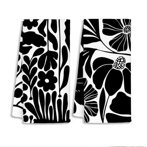 Boho Abstract Floral Kitchen Towels Set of 2, | Black and White Flower Botanical Dish Towels for Kitchen Drying, Dark Cottagecore Neutral Hand Towels for Bathroom - color: B-white and Black