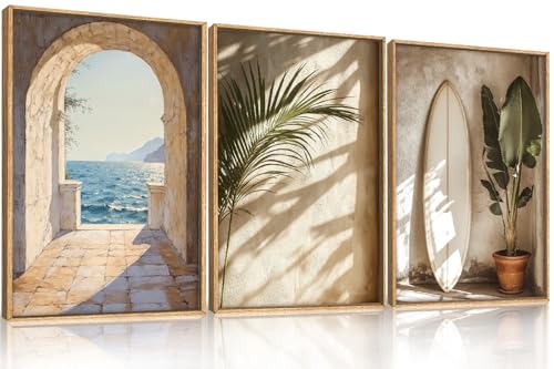 Ausril Large Coastal French Landscape Framed Canvas Wall Art Set -16"x24"x3 | Vintage Ocean Wall Decor Palm Tree Surfboard Wall Painting Italian Seascape Art Prints for Living Room Bedroom Office - color: French Landscape Wall Art, size: 16"L x 24"W